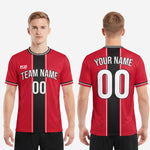 Custom red and black soccer jersey back view showing player name and number sublimated in white on adult male model