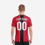 Custom red and black soccer jersey crew neck detail showing black white and red rib stripe trim on adult male model