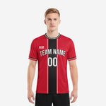 Custom red and black soccer jersey front view showing center black panel with white pinstripes and team name print on adult male model