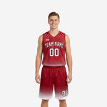 Custom red and white basketball uniforms full set showing crimson starburst jersey and halftone-fade shorts with team name and number 00 on adult male model