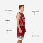Opposite side view of custom red and white basketball uniforms displaying the halftone dot fade pattern on both jersey hem and basketball shorts