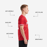 Custom red and white soccer jersey back view showing player name and number print zones in white on red body