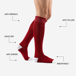 Custom red and white soccer socks heel cap detail showing white contrast zone against dark red body