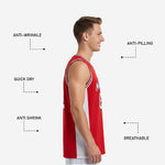 Back view of custom red and white basketball jersey with player name across shoulders and large back number centered on red back panel above white side panels