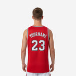 Opposite side view of men's custom red basketball jersey displaying white side panel construction and black and white armhole binding detail