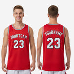 Size and specification chart for custom red basketball jerseys showing youth and adult sizing measurements for roster ordering