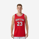 Custom red basketball jerseys with white side panels, arched team name and number 23 on front, player name and number on back, crew neck with black and white stripe binding