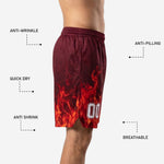 Back view of custom red basketball shorts with maroon hip, black mid-section, and red and orange flame pattern across both rear leg panels