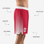Back view of custom red basketball shorts showing elastic waistband and sublimated side panel design