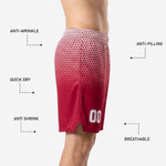 Close detail of custom printed red basketball shorts showing the honeycomb hex fade dissolving into solid crimson at the lower leg