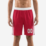 Custom red basketball shorts with white diagonal stripe side panels and front thigh number, front view on male model