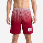 Custom red basketball shorts with crimson and white hex-fade sublimation pattern and white player number 00 on the front left leg