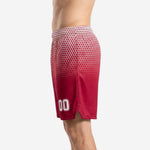 Right side view of custom red basketball shorts displaying the full hex-fade pattern from waistband to hem and side split at leg opening