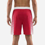 Custom team basketball shorts in red with white diagonal stripes on opposite side panel, alternate side view