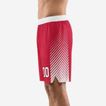 Red basketball shorts with full-dye sublimated white stripe panel running hip to hem split, right side view