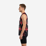 Opposite side view of custom mens basketball jerseys in black and red showing athletic cut, side vent at hem, and full sublimated heartbeat design