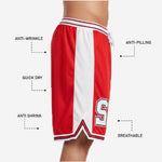 Close detail of custom red and black basketball shorts waistband showing red and black pinstripe elastic and internal white drawcord
