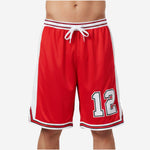Custom red and black basketball shorts front view showing white side panels large thigh number and pinstripe elastic waistband with drawcord