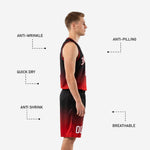Back view of red and black custom basketball uniform set showing player name and back number sublimated on the jersey in white lettering