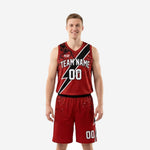 Custom red and black basketball uniforms showing full set front view with diagonal bolt graphic, team name, and number 00 on jersey and shorts