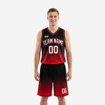 Custom red and black basketball uniforms with black-to-red gradient fade, arched team name and front number 00 on the jersey, matching shorts with player number on left leg