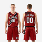 Size and specification sheet for custom red and black basketball uniforms showing youth and adult size run for full roster ordering