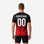 Back view of red and black gradient practice jersey showing full back number print zone