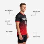 Close-up of red V-neck collar and contrast cuff detail on black and red soccer training jersey