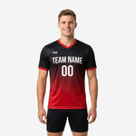 Front view of custom red and black gradient soccer training jersey with team name and number printed on chest