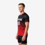 Right side view of custom red and black soccer training jersey showing athletic fit and short sleeve cut