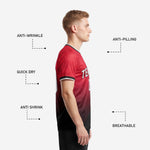 Crew neckline and sleeve cuff detail on custom red and black soccer jersey with black outer band and white contrast inner stripe