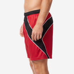 Full print red soccer shorts with geometric black contrast panel and white-piped edge, right side view