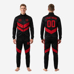 Custom red and black soccer tracksuit chevron panel closeup showing full-dye sublimation color bonded into jet black polyester fabric