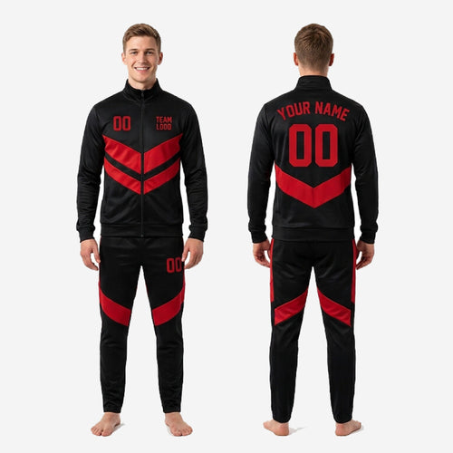Custom red and black soccer tracksuit chevron panel closeup showing full-dye sublimation color bonded into jet black polyester fabric