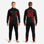 Full set view of custom red and black soccer tracksuit jacket and pants made to order for soccer teams and club squads