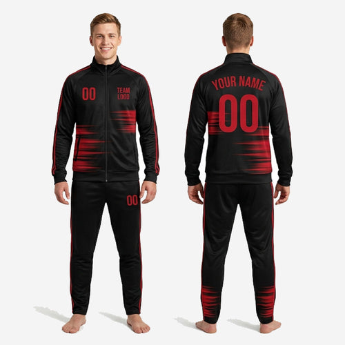 Full set view of custom red and black soccer tracksuit jacket and pants made to order for soccer teams and club squads