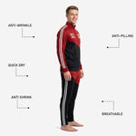 Stand collar full-zip custom red and black soccer tracksuit jacket with team logo and chest number print zones