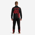 Close detail of custom red and black soccer tracksuit jacket with stand collar, full zip, chest number and team logo print zones