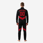 Custom red and black soccer tracksuit jacket detail showing stand collar full zip and red chevron contrast panels on chest