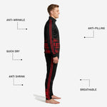 Pants detail of custom red and black soccer tracksuit showing tapered cut, red twin side stripes and sublimated ankle graphic