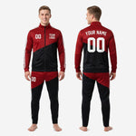 Custom red and black soccer tracksuit tapered pants with elastic waistband and player number on left thigh