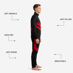 Custom red and black soccer tracksuit pants detail showing tapered cut and red chevron panel on outer thigh