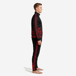 Left side view of custom red and black soccer tracksuit with twin red side stripes on jacket sleeve and pants leg