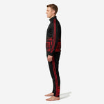 Right side view of custom red and black soccer tracksuit showing red speed-stripe graphic across jacket mid-section and tapered pants fit