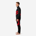Custom red and black soccer tracksuit right side view showing stand collar full zip jacket and matching tapered pants with red chevron detail