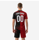 Back detail of custom red and black soccer uniform showing sublimated back name and number on diagonal stripe jersey