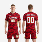 Custom red and maroon camo soccer shorts detail showing neon yellow side stripe and sublimated leg number