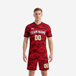 Custom red and black camo soccer uniform mens full kit front view with team name and number printed on jersey and shorts