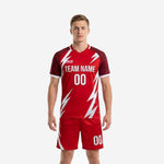 Custom red and dark red soccer outfits men full kit front view with white lightning bolt graphic and team name print