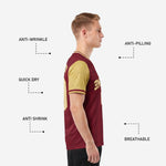 Close-up of V-neck collar trim on custom maroon and Vegas Gold men's soccer jersey with double stripe detail